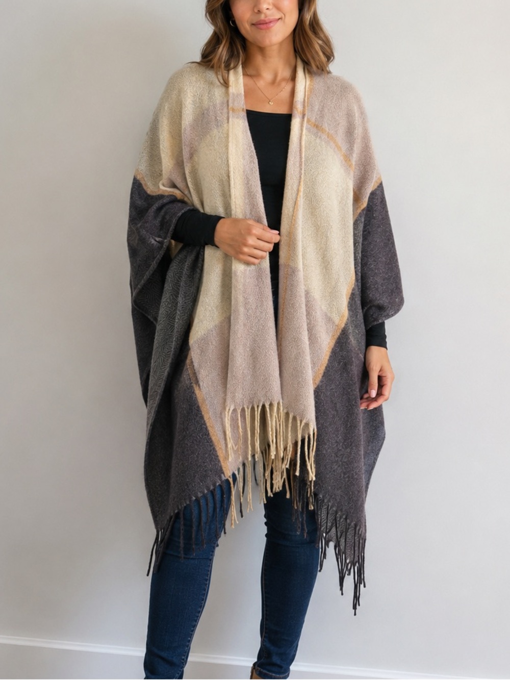 Woolrich Neutral Tone Fringe Wrap Poncho